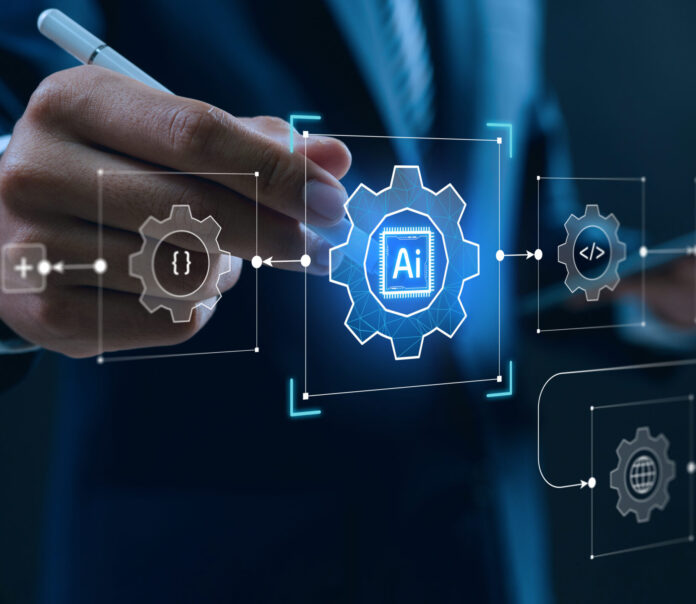 AI integration and workflow automation technology concept. business hand using stylus to control digital gear interface, symbolizing process optimization, innovation and intelligent business systems